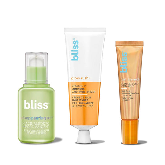 Bliss Glow & Hydrate Serum - Niacinamide + Hyaluronic Acid Serum + Eye Do All Things Hydrating Eye Gel Depuff & Brighten Straight-from-the-Spa Paraben Free + Rest Assured ™ Eye Cream with Vitamin C &