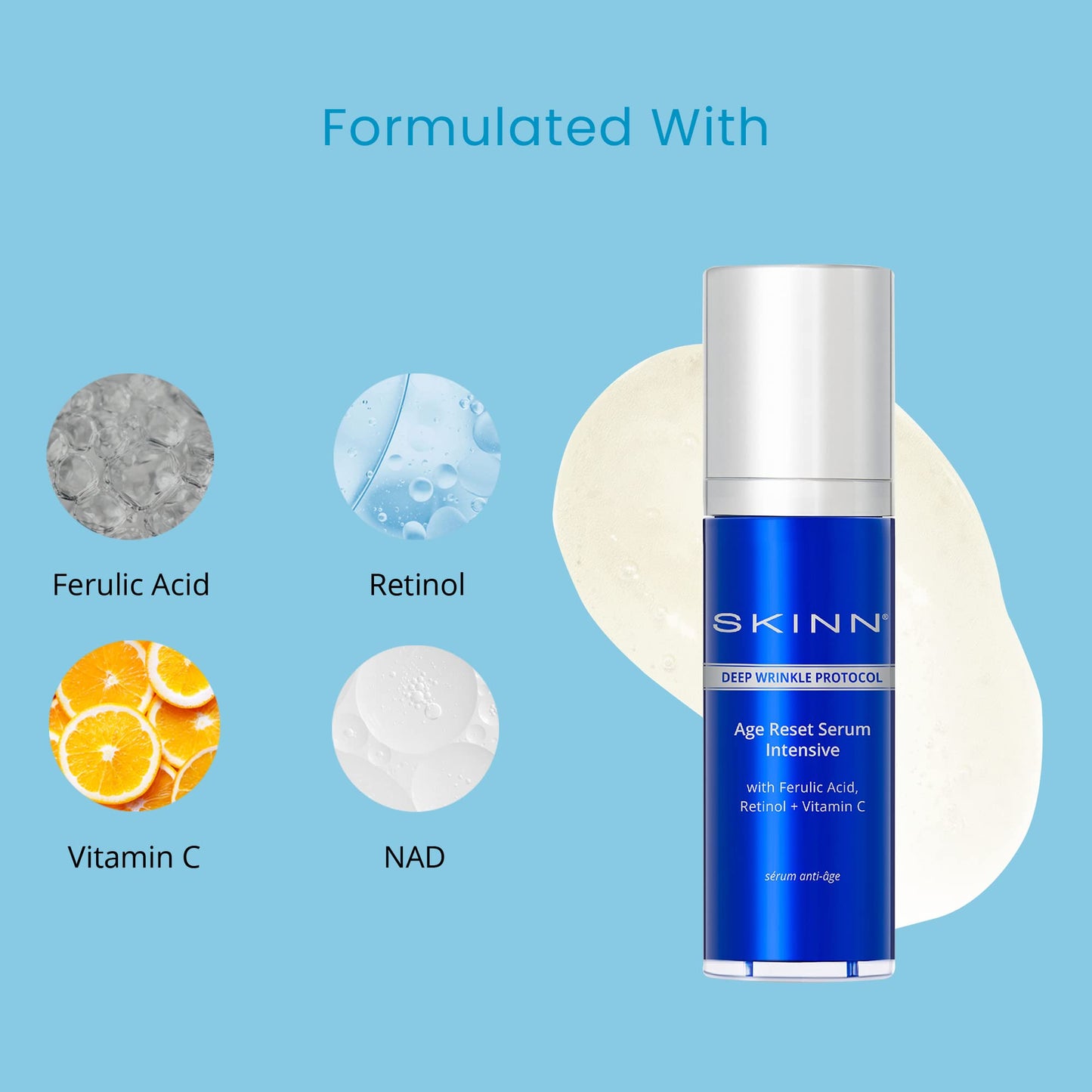 SKINN Deep Wrinkle Facial Serum, Intensive Age Reset Serum - Anti Wrinkle Repair Face Serum - Hydrating & Plumping Anti Aging Serum Reduces Fine Lines - Ferulic Acid, Retinol & Vitamin C